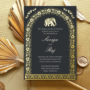 Invitation En Aluminium Eléphant d'or et Mariage indien de fleurs de Lotus