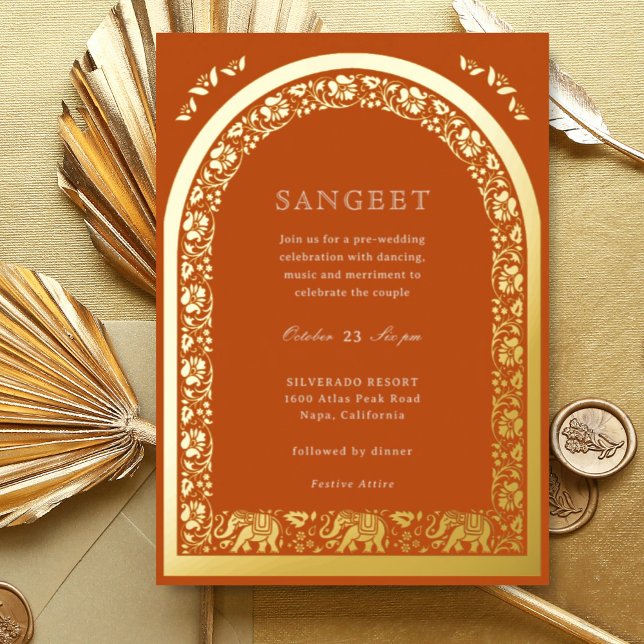 Invitation En Aluminium Elephant et Lotus Flower Indian Sangeet Gold (Orange Indian wedding Sangeet invitation, elephant and lotus flower, hindu wedding invitation card)