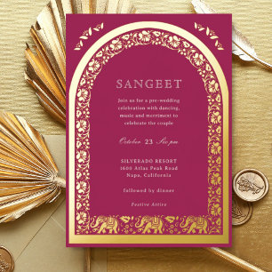 Invitation En Aluminium Elephant et Lotus Flower Indian Sangeet Gold