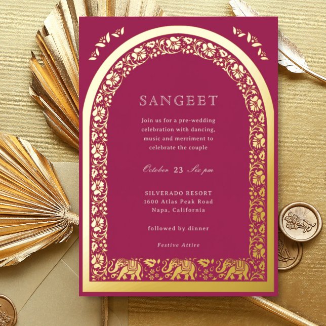 Invitation En Aluminium Elephant et Lotus Flower Indian Sangeet Gold (Pink Indian wedding Sangeet invitation, elephant and lotus flower, hindu wedding invitation card)