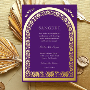 Invitation En Aluminium Elephant et Lotus Flower Indian Sangeet Gold