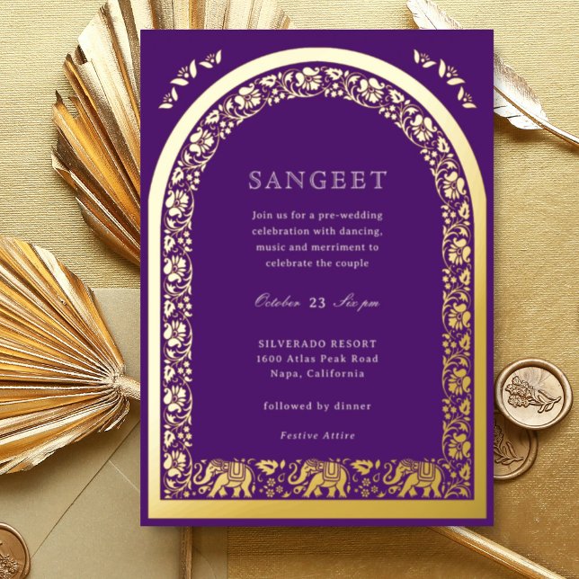 Invitation En Aluminium Elephant et Lotus Flower Indian Sangeet Gold (Purple Indian wedding Sangeet invitation, elephant and lotus flower, hindu wedding invitation card)
