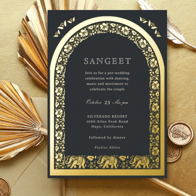 Invitation En Aluminium Elephant et Lotus Flower Indian Sangeet Gold (Black Indian wedding Sangeet invitation, elephant and lotus flower, hindu wedding invitation card)