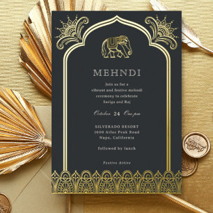 Invitation En Aluminium Elephant & Henna Design Motif Indien Mehndi Gold