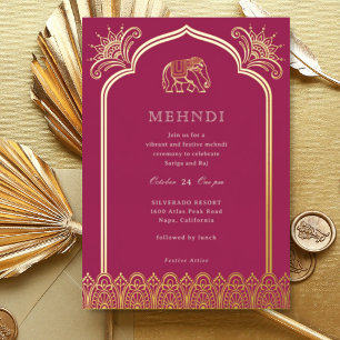 Invitation En Aluminium Elephant & Henna Design Motif Indien Mehndi Gold