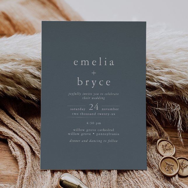 Invitation En Aluminium EMELIA Bleu foncé Mariage simple Boho (EMELIA Dark Blue Silver Foil Simple Boho Wedding Foil Invitation)