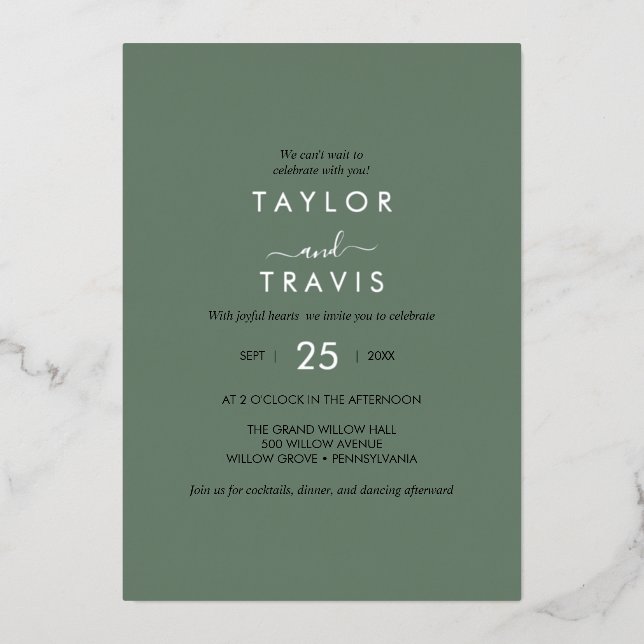 Invitation En Aluminium EMELIA Vert Sauge & Feuille d'Argent | Mariage Mod (Recto)