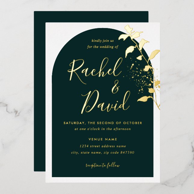 Invitation En Aluminium Emeral Green Mariage d'arche fleurie or (Recto/Verso)