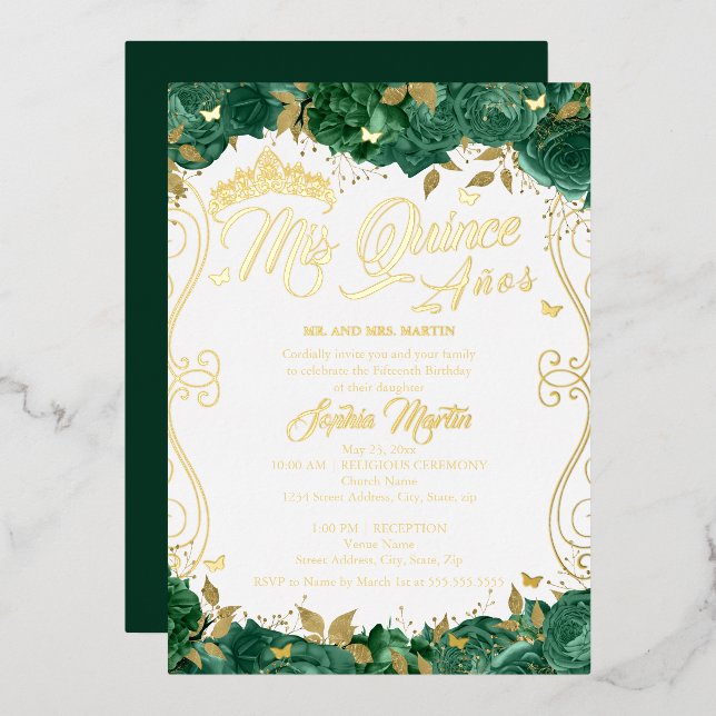 Invitation En Aluminium Emerald Floral Scroll Mis Quince Quinceanera (Recto/Verso)