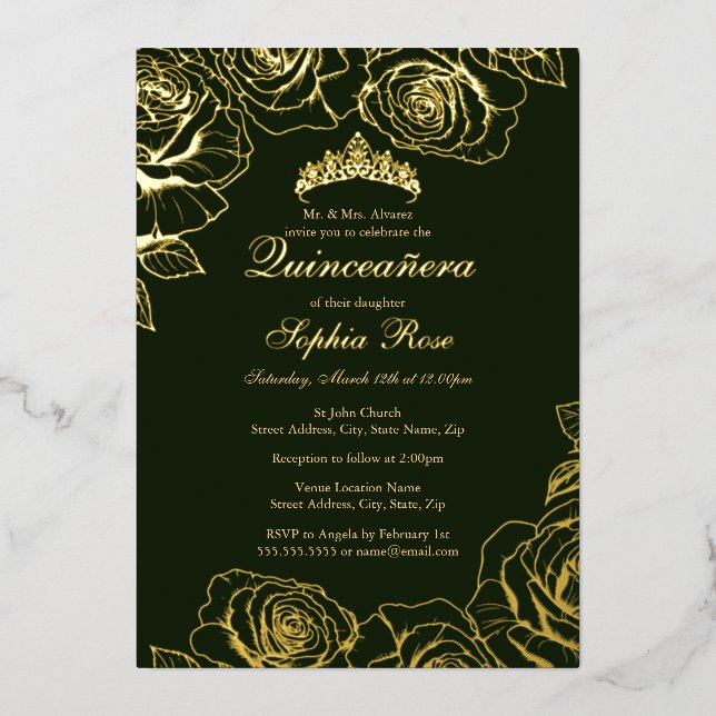 Invitation En Aluminium Emerald Gold Rose Garden Quinceanera (Recto)