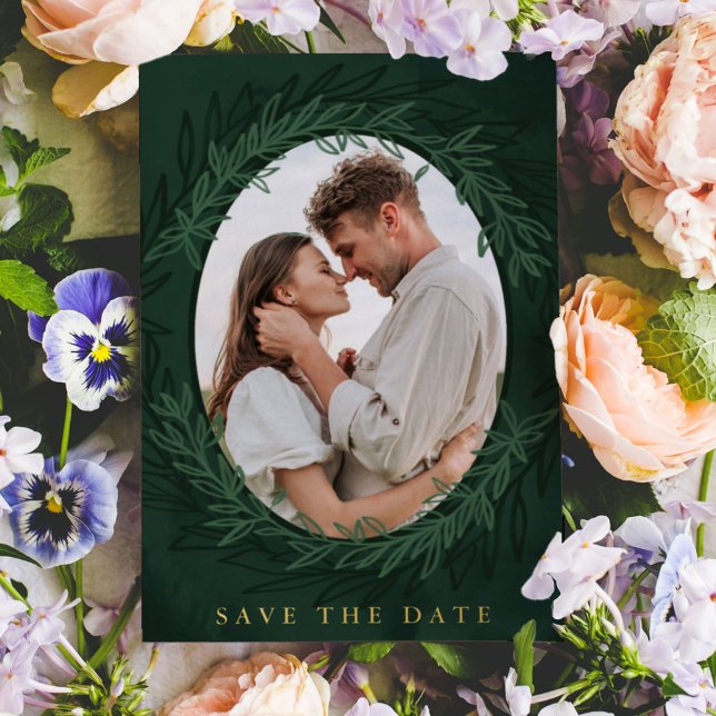 Invitation En Aluminium Emerald Green Botanical Photo Enregistrer la date (Dramatic emerald green botanical wreath photo wedding Save the Date.)
