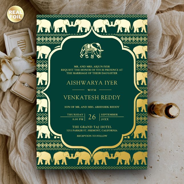 Invitation En Aluminium Emerald Green Elephant Mariage photo indien Gold (Créateur téléchargé)