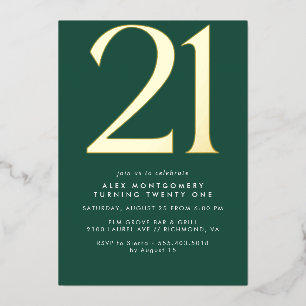 Invitation En Aluminium Emerald Green et Gold   21e anniversaire moderne
