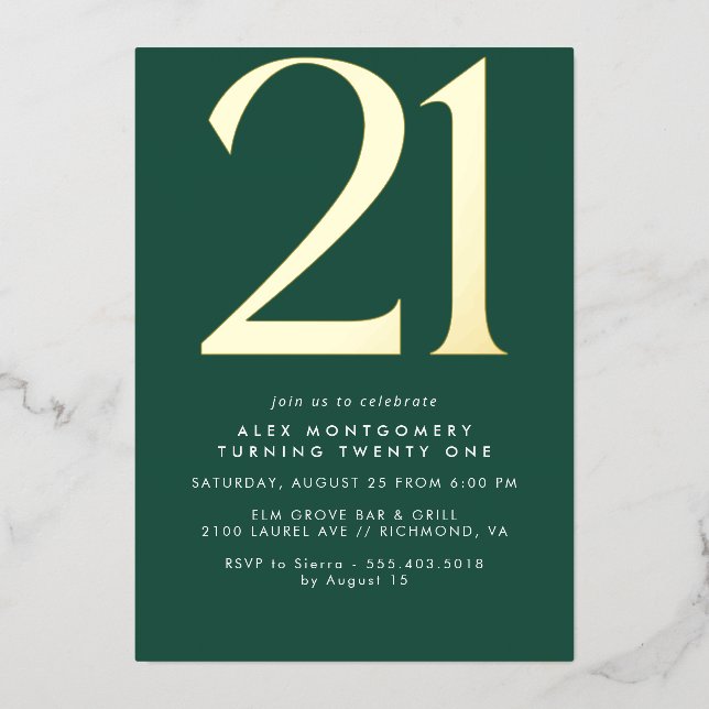Invitation En Aluminium Emerald Green et Gold | 21e anniversaire moderne (Recto)