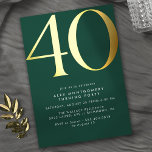 Invitation En Aluminium Emerald Green et Gold | Elégant 40ème anniversaire<br><div class="desc">Invitations de style moderne 40ème anniversaire avec titre "40" texte en vrai papier métallique. Les détails de votre événement sont imprimés en blanc mat. L'or est accentué sur le vert émeraude.</div>