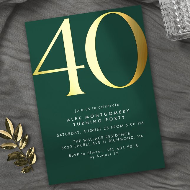 Invitation En Aluminium Emerald Green et Gold | Elégant 40ème anniversaire (Créateur téléchargé)
