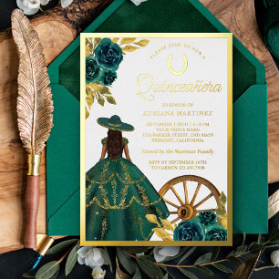 Invitation En Aluminium Emerald Green Floral Dress Charro Quinceanera Gold