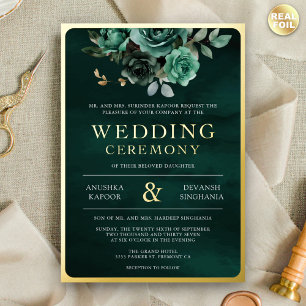 Invitation En Aluminium Emerald Green Floral Photo Mariage indien Gold