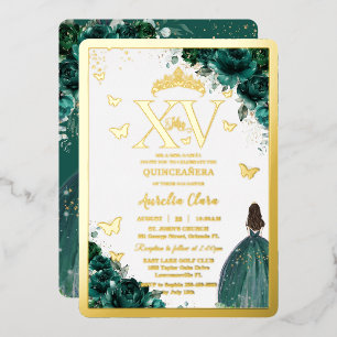 Invitation En Aluminium Emerald Green Floral Quinceañera Quince 15 XV Or