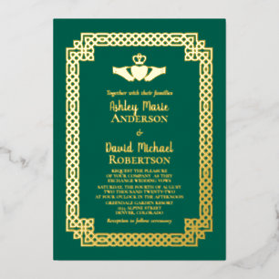 Invitation En Aluminium Emerald Green Gold Foil Celtic Claddagh Mariage