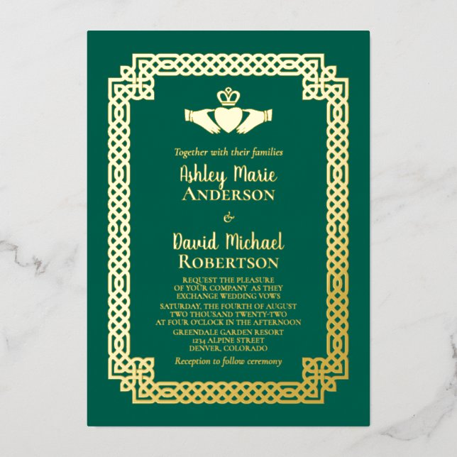 Invitation En Aluminium Emerald Green Gold Foil Celtic Claddagh Mariage (Recto)