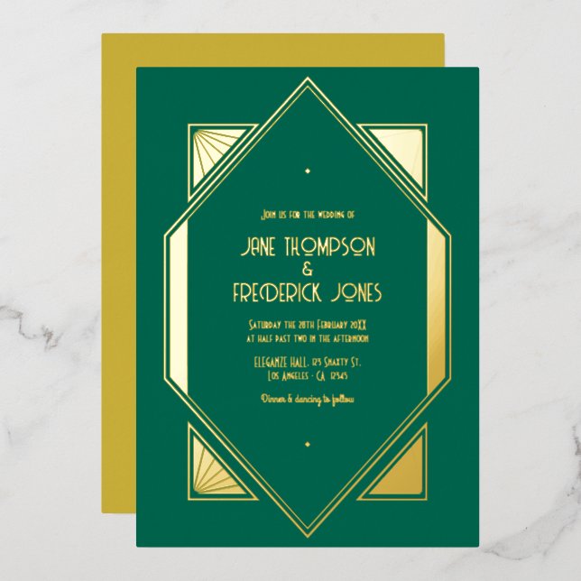 Invitation En Aluminium Emerald Green & Gold Gatsby Art Deco Wedding (Recto/Verso)