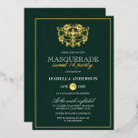 Invitation En Aluminium Emerald Green & Gold Masquerade Sweet 16 Party<br><div class="desc">Emerald Green & Gold Masquerade Sweet 16 Party Foil Invitations. Doté d'un masque en feuille d'or au sommet contre un arrière - plan vert émeraude. Parfait pour une fête de 16 ans moderne et classe !</div>