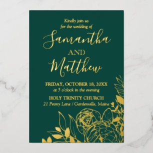 Invitation En Aluminium Emerald Green & Gold Peony Moderne Floral Mariage