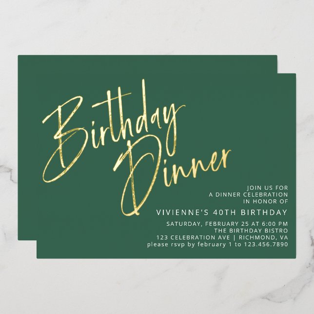 Invitation En Aluminium Emerald Green & Gold Simple Moderne Dîner d'annive (Recto/Verso)
