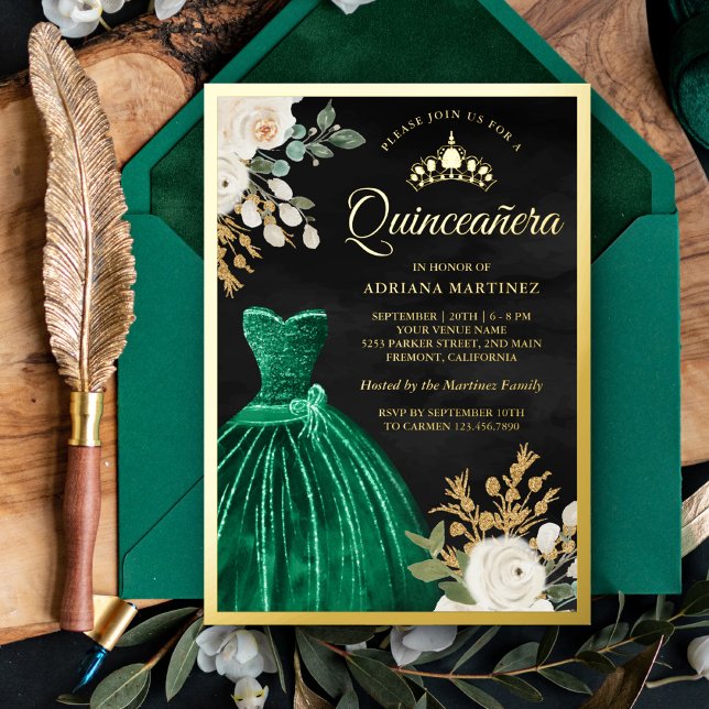 Invitation En Aluminium Emerald Green Gown Floral Black Quinceanera Gold (Créateur téléchargé)