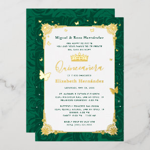 Invitation En Aluminium Emerald Green Quinceañera Elegant Papillon