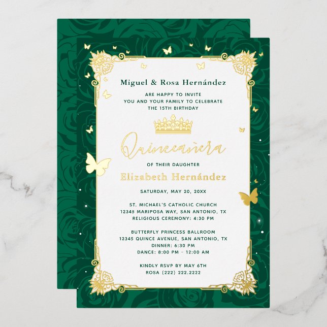 Invitation En Aluminium Emerald Green Quinceañera Elegant Papillon (Recto/Verso)