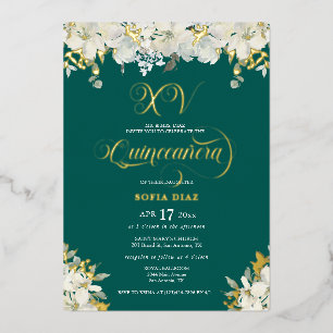 Invitation En Aluminium Emerald Green Quinceañera Floral Gold
