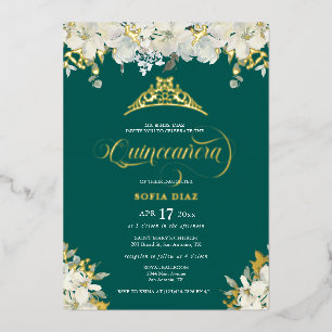 Invitation En Aluminium Emerald Green Quinceañera Floral Gold