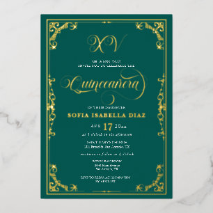 Invitation En Aluminium Emerald Green Quinceañera Gold