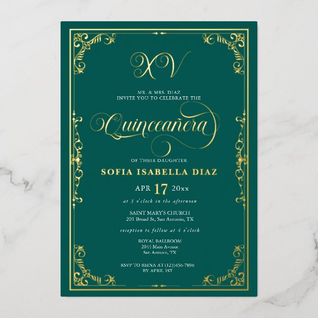 Invitation En Aluminium Emerald Green Quinceañera Gold (Recto)