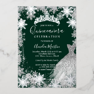 Invitation En Aluminium Emerald Green Snowflake Quinceanera d'hiver