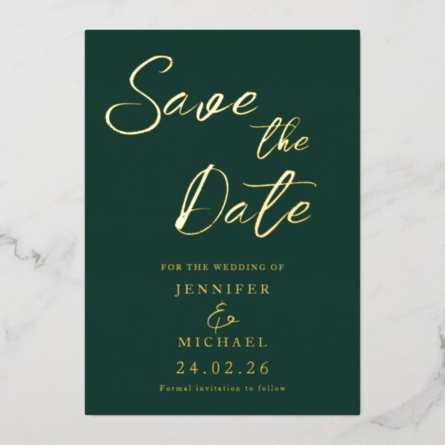 Invitation En Aluminium Emerald Green Wedding Enregistrer La Date Gold (Recto)