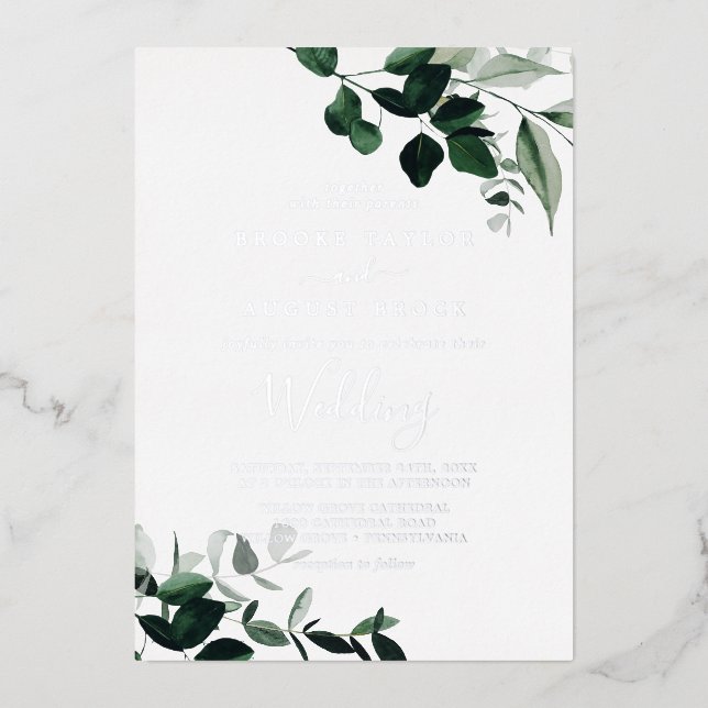 Invitation En Aluminium Emerald Greenery | Mariage au feuillage d'argent (Recto)