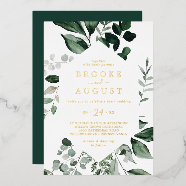 Invitation En Aluminium Emerald Greenery | Mariage Tout Compris en Feuille (Recto/Verso)