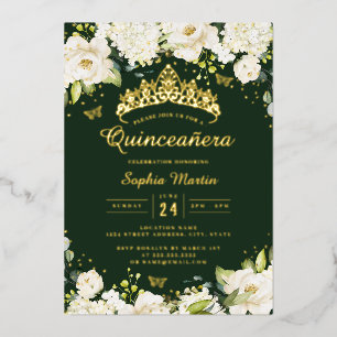 Invitation En Aluminium Émeraude Champagne Floral Quinceanera Or
