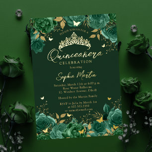 Invitation En Aluminium Émeraude Enchantant papillon floral Quinceanera