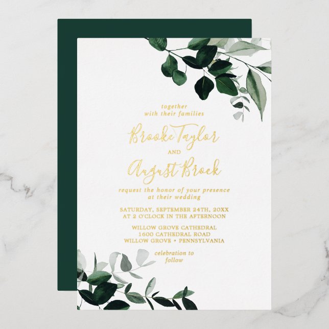 Invitation En Aluminium Émeraude | Mariage des familles Gold Foil (Recto/Verso)