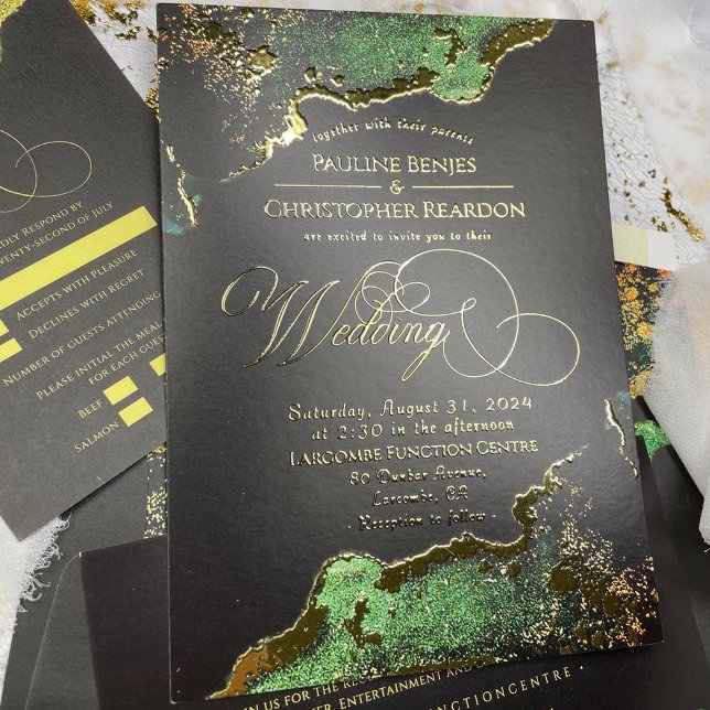 Invitation En Aluminium Émeraude Mariage en bronze or (Stunning Emerald Bronze Gold Wedding Foil Invitation)