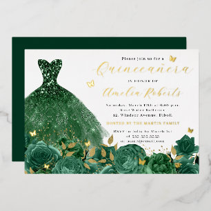 Invitation En Aluminium Émeraude Robe étincelante Or papillon floral