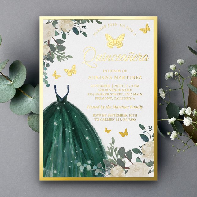 Invitation En Aluminium Émeraude Vert Floral Papillon Quinceanera Or (Créateur téléchargé)