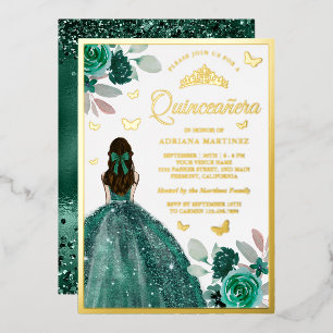 Invitation En Aluminium Émeraude Vert Robe Papillon Quinceanera Or