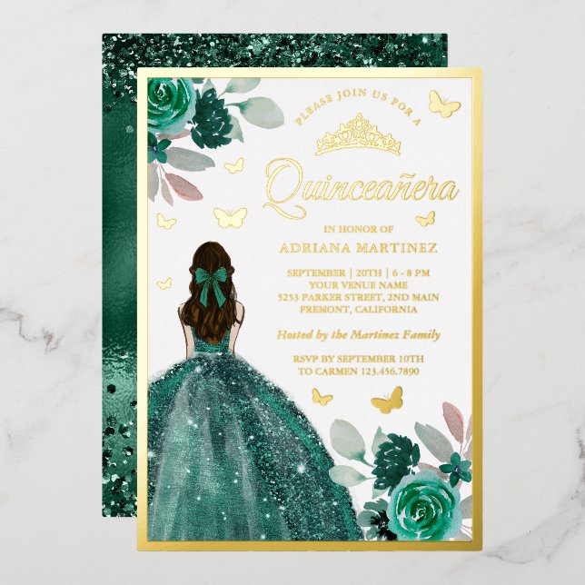 Invitation En Aluminium Émeraude Vert Robe Papillon Quinceanera Or (Recto/Verso)