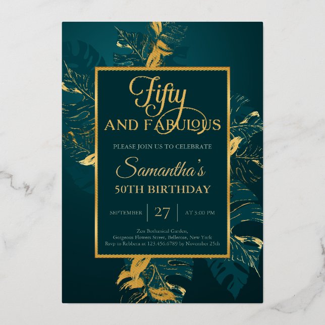 Invitation En Aluminium Émeraude vert vrai feuille d'or cinquante et fabul (Recto)