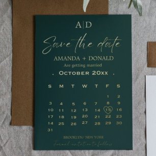 Invitation En Aluminium Émeraude verte & Calendrier Mariage Or Épargnez la